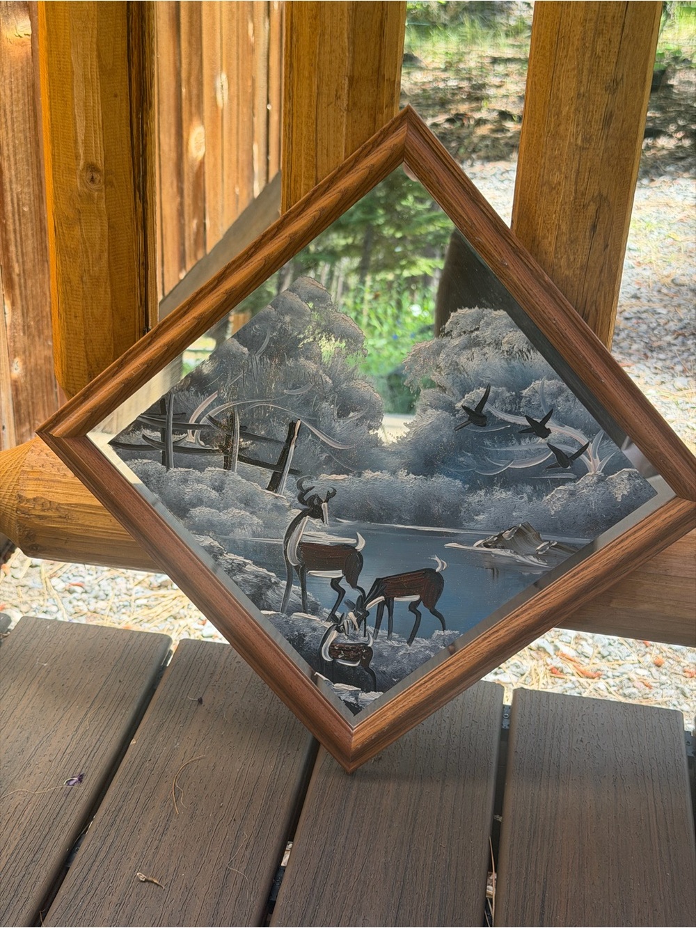 Framed Painted Glass Wildlife Mirror